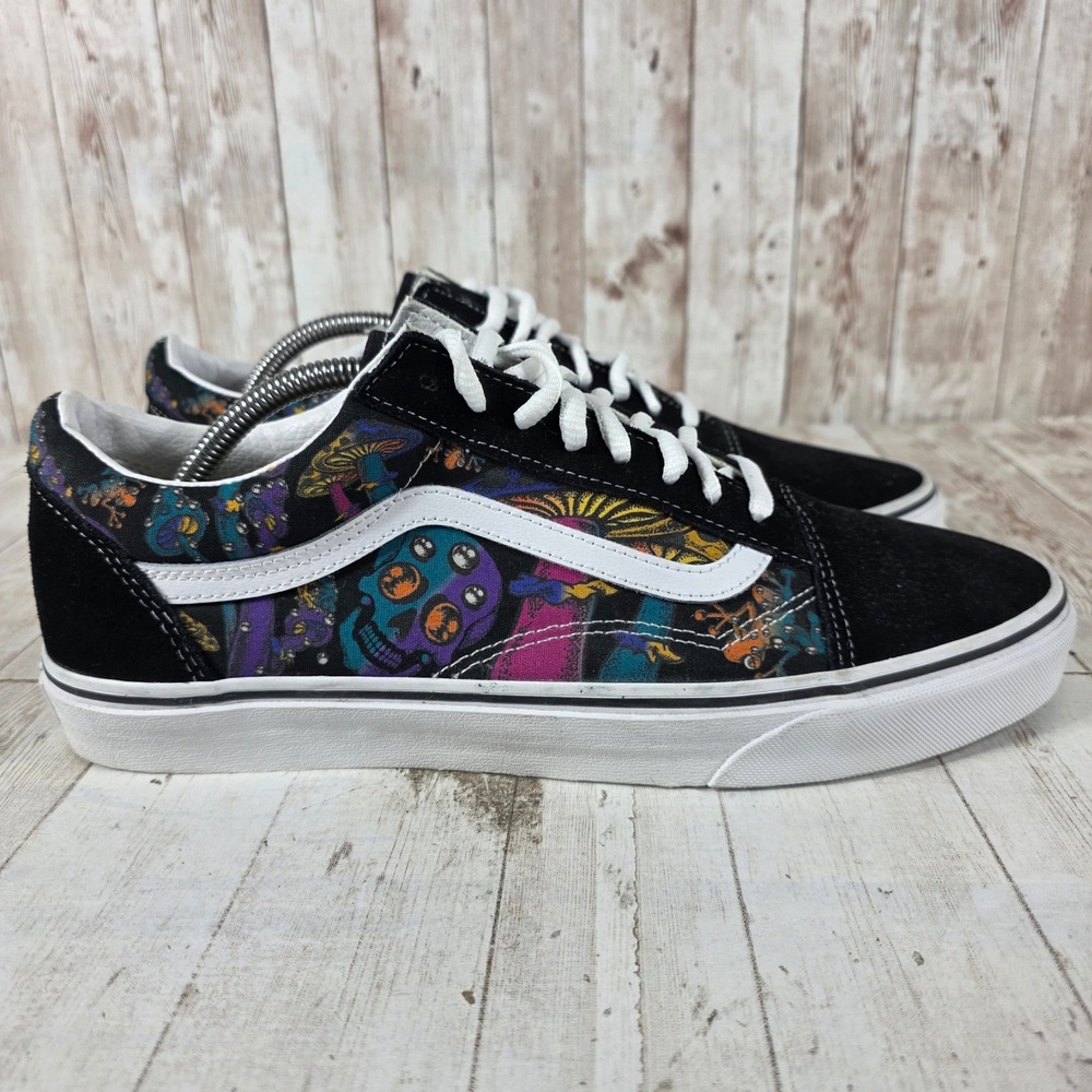 Vans Old Skool Psychedelic Mushroom Skull Black Suede Skate Shoes Mens 11 NEW